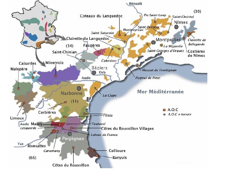 Carte vignoble du Languedoc-Roussillon - Vins du Languedoc-Rousillon à Ouistreham (Caen la mer) dans le Calvados