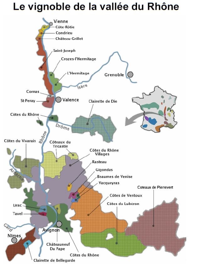 Carte vignoble de la vallée du Rhône - Vins de Côtes du Rhône à Ouistreham (Caen la mer) dans le Calvados